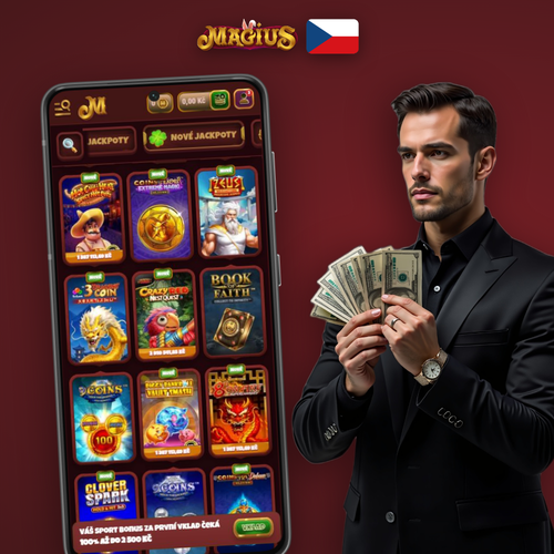 Magius Casino aplikace na Android telefonu s tmavě fialovou domovskou obrazovkou