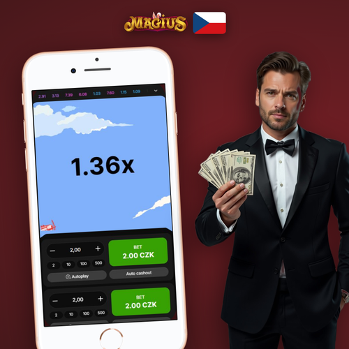 Magius Casino Aviator demo – letadlo stoupá po křivce multiplikátoru na tmavém pozadí
