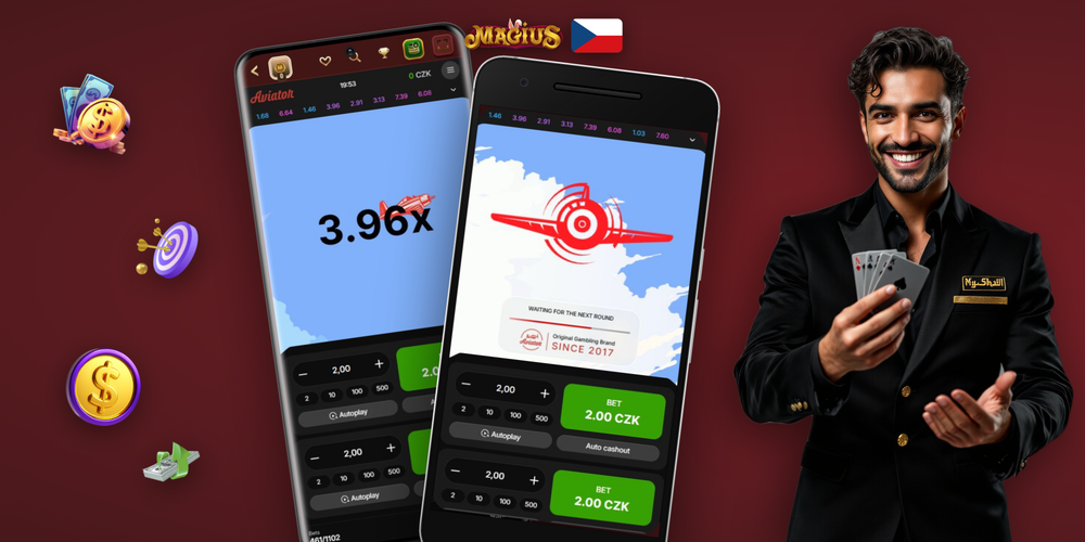 Panoramatické rozhraní Aviator online v Magius Casino s dual bet panely a historií násobiček