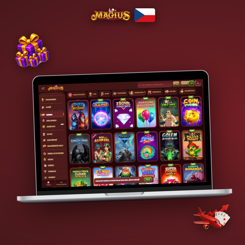 Magius Casino do počítače – lobby na notebooku s ikonami Windows a macOS