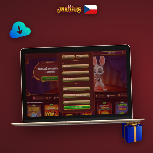 Magius Casino registrace – formulář na notebooku a mobilu s fialovým brandingem